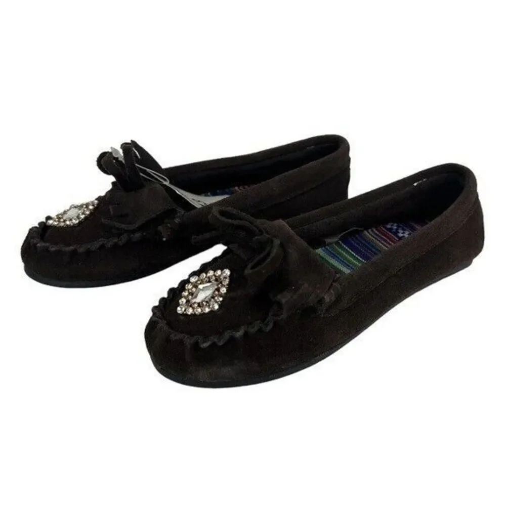 Circo Girls Boho Brown Suede Fringed Rhinestone Moccasins Shoes Size 13 NWT